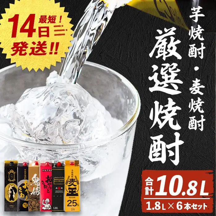 厳選 焼酎 パック 6本 アソート (各1800ml×6本・計10.8L)【岩川醸造】B132-v02