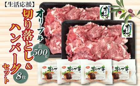 オリーブ牛切り落とし500g&ハンバーグ8枚セット