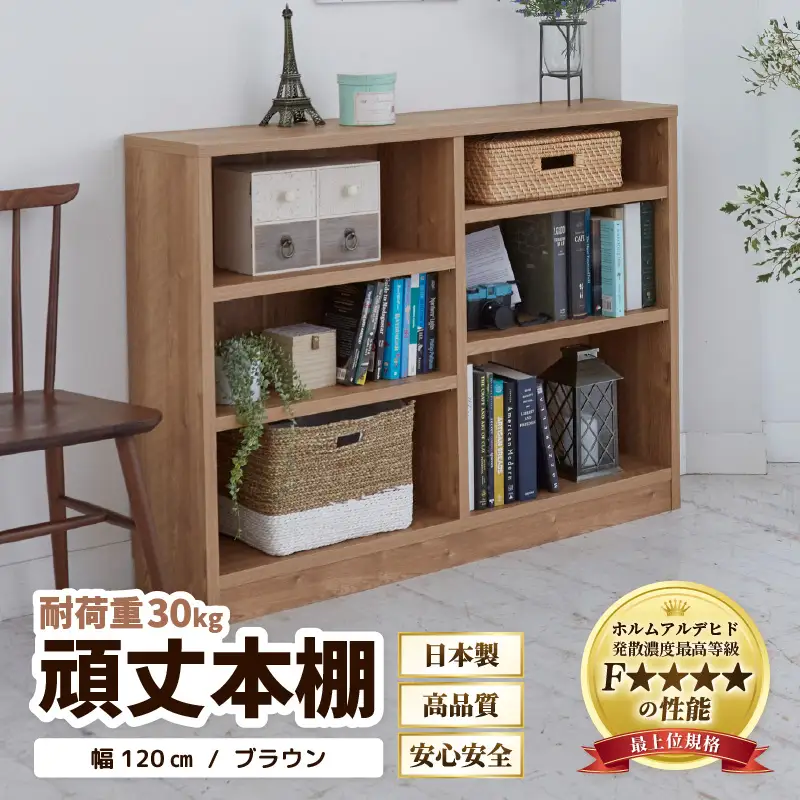 たっぷり安心して収納できる！「頑丈本棚」幅120cm ブラウン（ロータイプ） ／ 日本製 国産 家具 木製 収納 棚 仕切り プレゼント 贈り物 勉強 学習 子供部屋 リビング 書斎 シンプル デザイン 重厚感 文庫 書棚 教科書 [aw053-g002]
