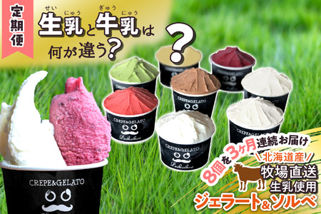 ＜3ヶ月定期便＞北海道産 生乳 ジェラート アイス 毎月8個  詰め合わせ ジェラートセット