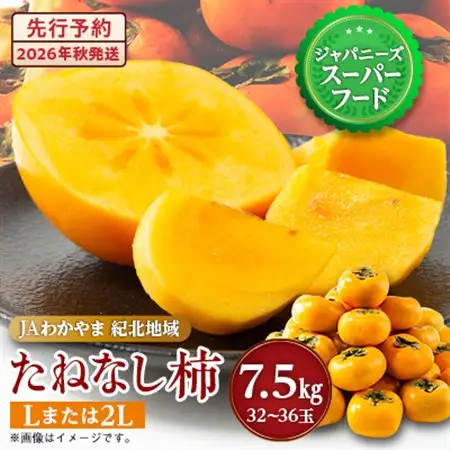 【令和8年度】柿カテゴリ上位獲得!　JAわかやま(紀北地域)のたねなし柿　7.5kg　L又は2L【1237822】