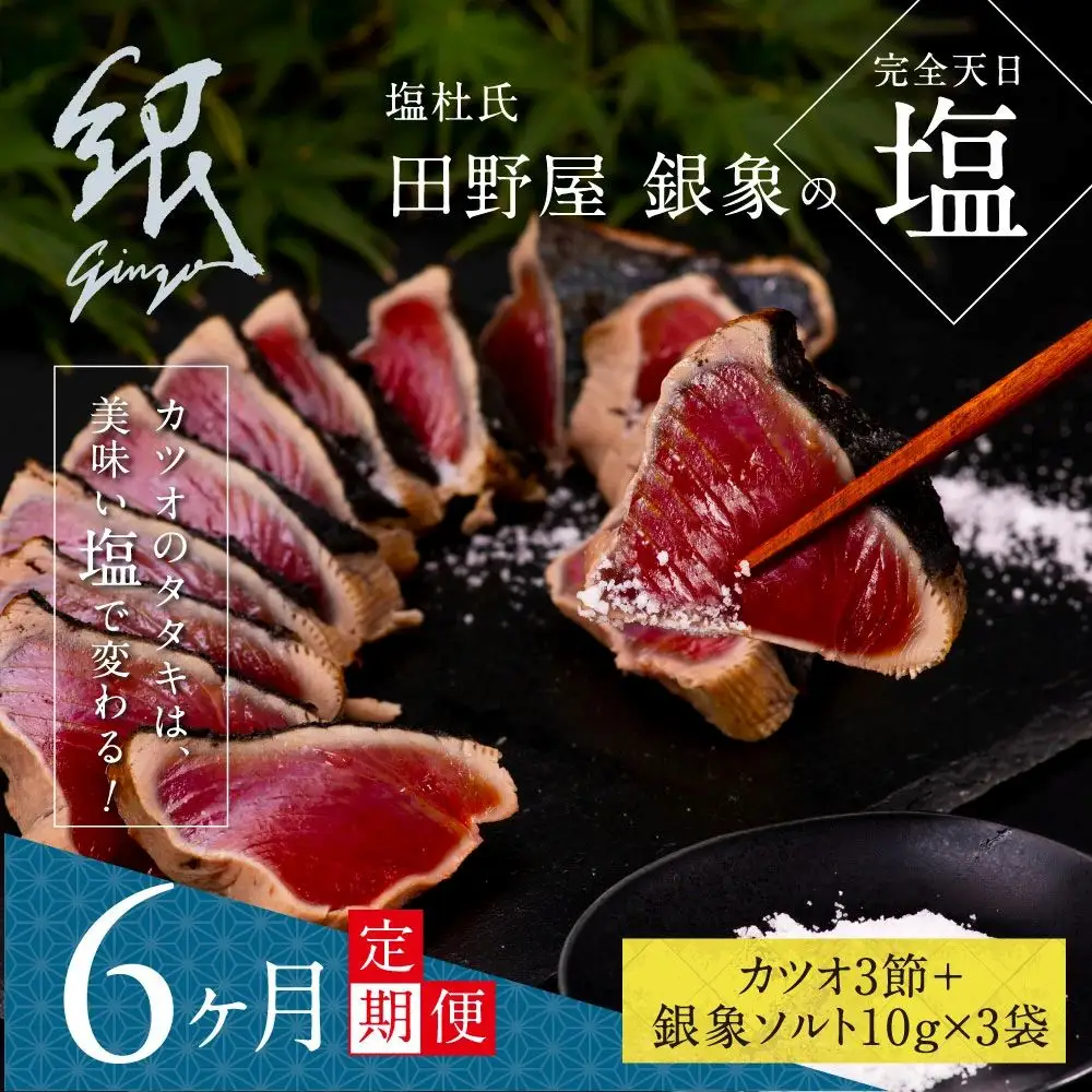 《6ヶ月定期便》芸西村厳選1本釣り本わら焼き「田野屋銀象シリーズ〈極〉カツオのたたき（9～11人前）完全天日塩付（田野屋銀象ソルト）」〈高知県・土佐市共通返礼品〉