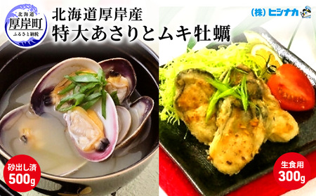 北海道厚岸産　特大あさり（砂出し済み）ムキ牡蠣（生食用）セット 魚貝類 生牡蠣 かき アサリ 浅利 食べ比べ