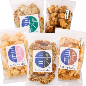 青木煎餅 専門店の「揚げおかき」セット5種 そこらへんの草セット｜そこらへんの草(バジル) 新生姜 角三のめんつゆ 青のり 一味唐辛子 専門店の揚げおかき [0623] 