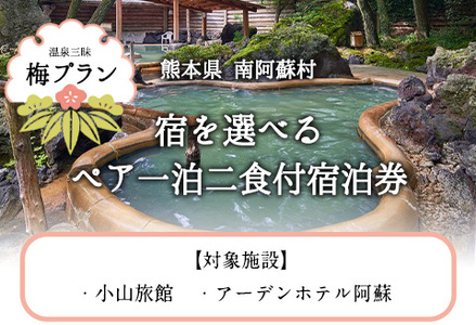 【温泉三昧】宿を選べる南阿蘇ペア平日1泊2食付き宿泊券／梅プラン《30日以内に出荷予定(土日祝除く)》 熊本県南阿蘇村 ギフト 旅館 温泉 一般社団法人みなみあそ観光局 
