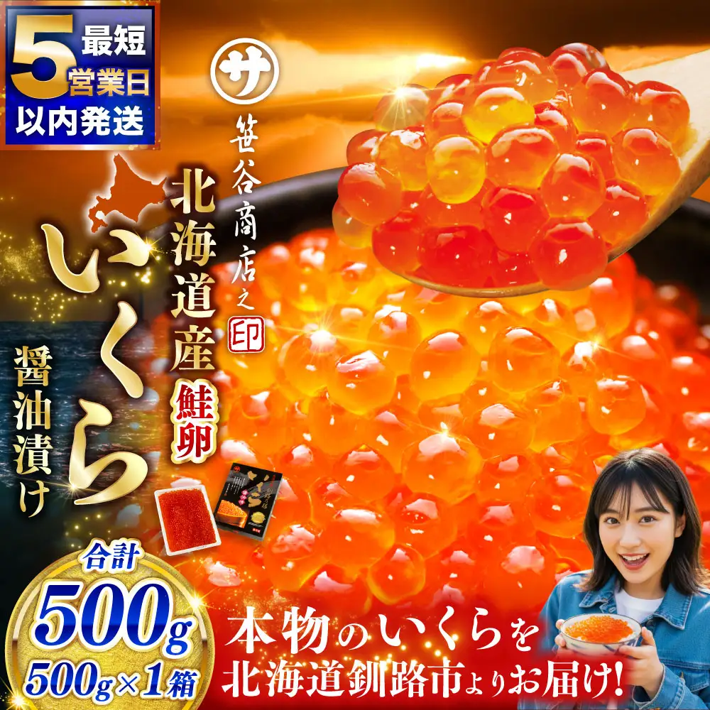 【5営業日以内発送】新物 北海道産 いくら醤油漬け500g×1箱 いくら 小分け イクラ 北海道 鮭いくら 鮭 
