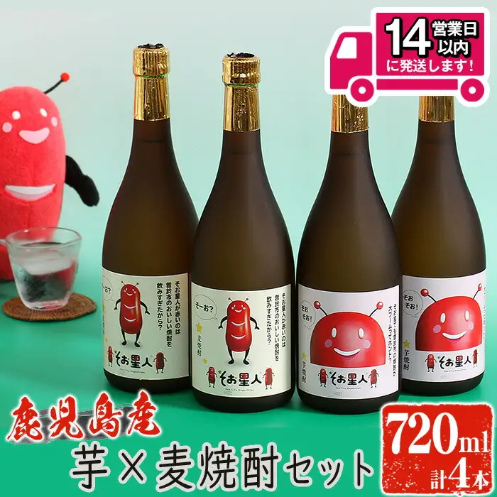 ＜2週間以内発送！＞【芋・麦焼酎セット】鹿児島 曽於市 本格焼酎 飲み比べ そお星人 芋焼酎 麦焼酎 セット 岩川醸造(720ml×4本)【山元商店】A58-v01