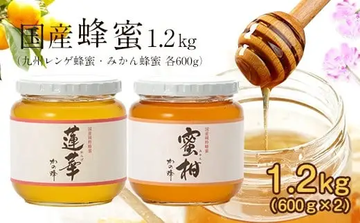 ＜国産＞かの蜂 はちみつ1.2kg（レンゲ600g、みかん600g） はちみつ 蜂蜜 ハチミツ ハニー 非加熱 純粋 国産 レンゲ みかん 保存食 防災グッズ 024-029