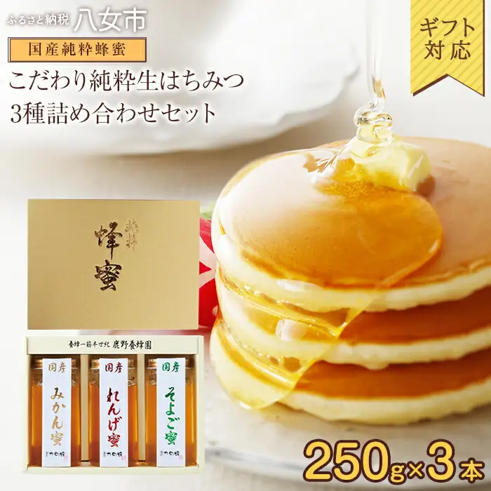 【ギフト用】かの蜂 国産 蜂蜜 3本セット250g×3本（れんげ・みかん・そよご） ★ふるさと納税限定セット★ はちみつ 蜂蜜 ハチミツ ハニー 非加熱 純粋 国産 ギフト 024-038-GFT