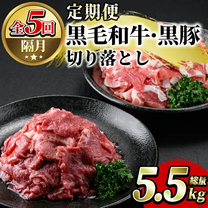 ＜定期便・全5回(隔月)＞鹿児島県産黒毛和牛・黒豚切り落とし定期便(総量5.5kg)国産 九州産 鹿児島産 牛肉 豚肉 国産牛 切り落とし 切落し 赤身 小分け 頒布会【スターゼン】akn042-22