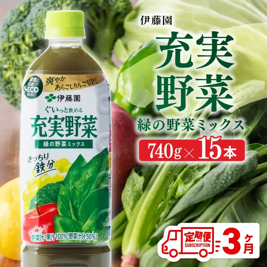 【3ヶ月定期】伊藤園 充実野菜 緑の野菜ミックス（PET） 740g×15本 野菜ジュース 全３回 健康 ヘルシー