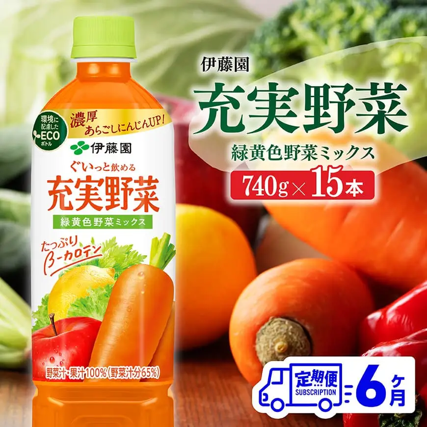 【6ヶ月定期便】伊藤園 充実野菜 緑黄色野菜ミックス（PET） 740g×15本 野菜ジュース 長期保存 備蓄 ヘルシー