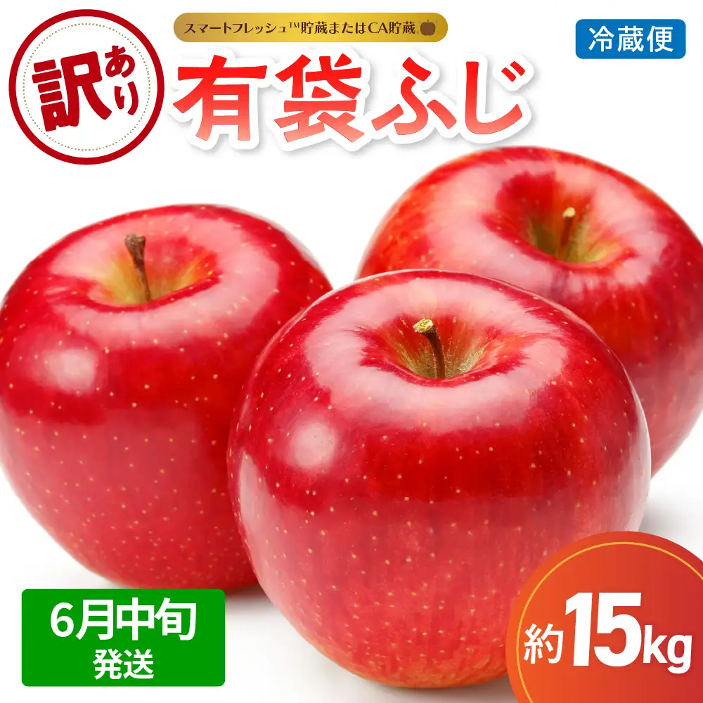 【2026年6月中旬発送】【訳あり】りんご15kg有袋ふじ【スマートフレッシュTM貯蔵またはCA貯蔵・クール便】