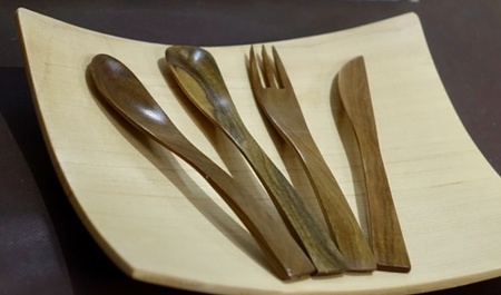 木製 デザートカトラリー ４本セット／津田瑞苑 ガラスコーティング スプーン ヨーグルト用スプーン フォーク ナイフ リグナムバイタ