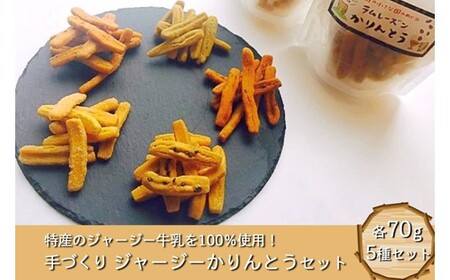 ジャージー牛乳たっぷり！ ゆたんもん手作りジャージーかりんとうセット  かりんとう 5種 各70g ジャージー牛乳 米粉 シナモン 柚子こしょう ラムレーズン よもぎ 菓子 お菓子 セット 詰め合わせ 食べ比べ ギフト 贈答用 ゆたんもん 熊本 阿蘇 南小国町 送料無料
