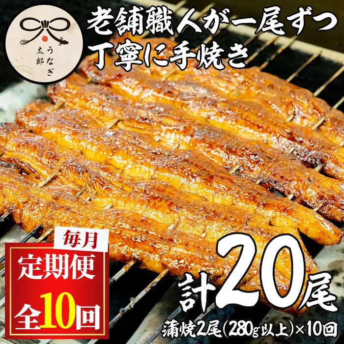 ＜定期便・全10回(連続)＞鹿児島県産 東串良町 うなぎ 蒲焼 (2尾・計280g以上・秘伝のタレ付き×10回) 高級 ウナギ 鰻 国産 たれ 【うなぎ太郎】【2603708b】