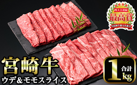 宮崎牛 スライス2種(モモ・ウデ)(合計1kg・各500g×2)国産 宮崎県産 宮崎牛 牛肉 すき焼き A4 和牛 モモ肉 ウデ肉【MI008】【(株)ミヤチク宮崎加工センター】