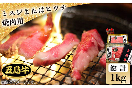 【日時指定必須】五島牛 焼肉用1kg ミスジまたはヒウチ（ソース付） 五島市/鬼岳牧場[PEK015] 国産牛 牛肉 ブランド牛 セット
