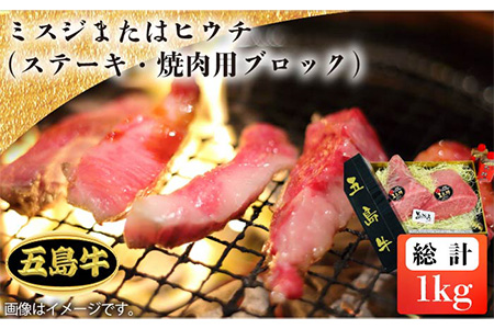 【日時指定必須】五島牛 ステーキ焼肉用ブロック1kg ミスジまたはヒウチ（ソース付） 五島市/鬼岳牧場[PEK031] 国産牛 牛肉 ブランド牛 セット