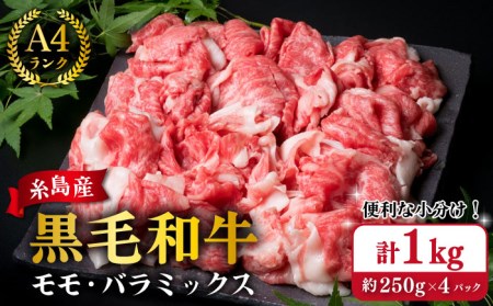 【250gの小分けパック】黒毛和牛 切り落とし 250g×4P 計1kg もも バラ ミックス A4ランク 糸島市/糸島ミートデリ工房 [ACA031] 牛肉 和牛 小分 250 牛丼 すき焼き 焼肉 BBQ 赤身 国産 福岡