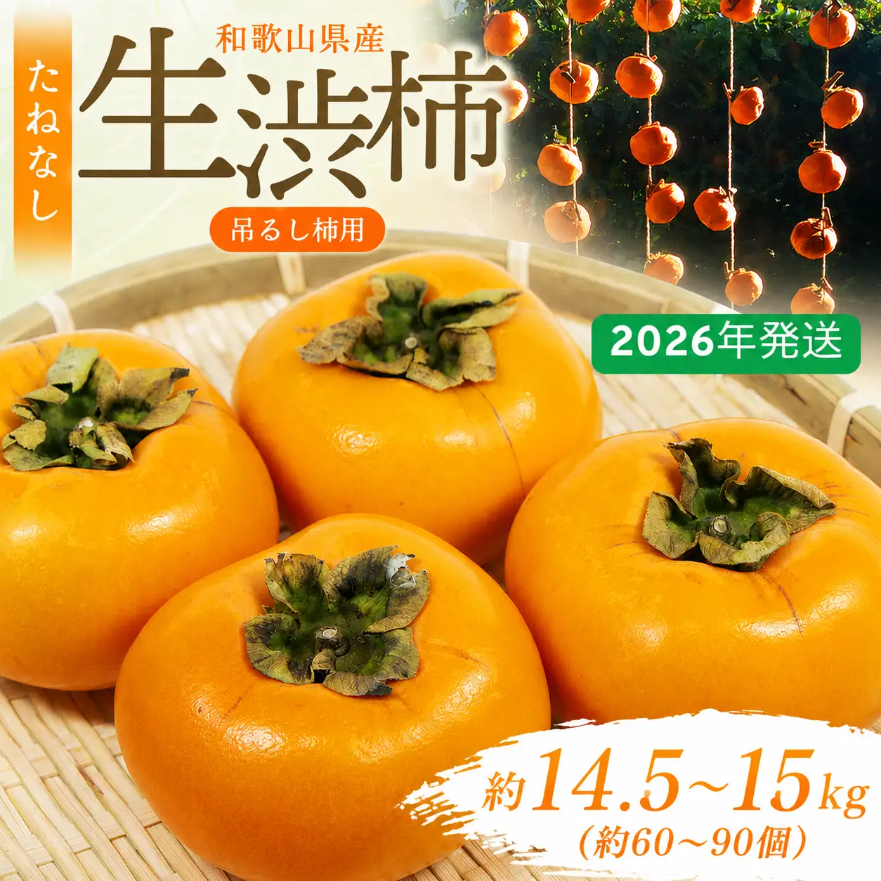 柿 吊るし柿用たね無渋柿 T軸又はクリップ付紐付 約14.5～15kg　約60～90個【2026年10月中旬～11月上旬ごろ順次発送】【ART12】【G213-art015B】