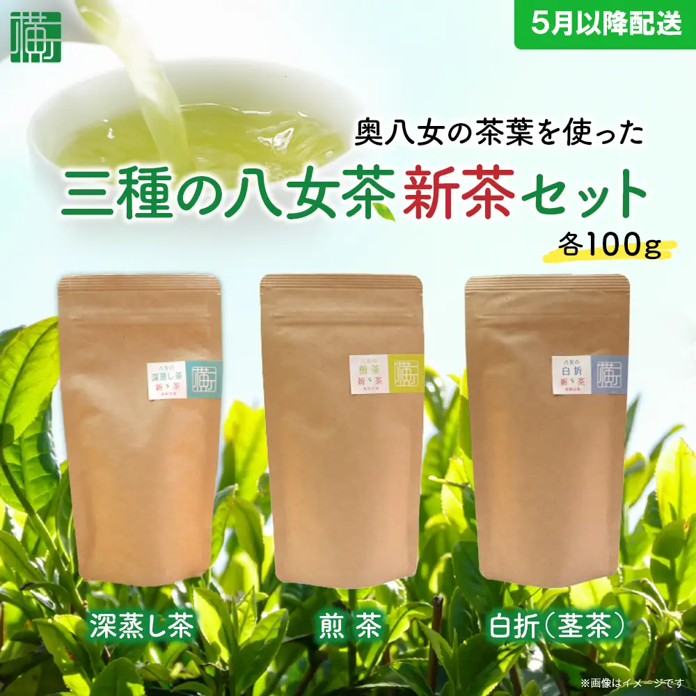 奥八女の茶葉を使った 三種の八女茶新茶セット 合計300g【2026年5月以降発送】 深蒸し茶 煎茶 白折 茎茶 日本茶 お茶 緑茶 新茶 福岡県 八女市 072-093
