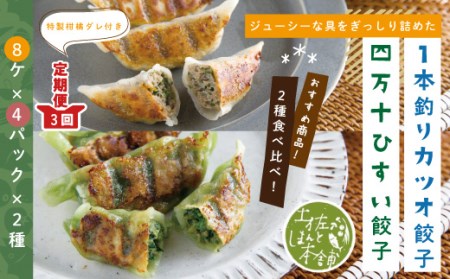 26-1027．【3回定期便】家(うち)に来る“高知” ジューシーな具をぎっしり詰めた手づくり!!　四万十ひすい餃子・一本釣りかつお餃子（8ヶ×4パック×2種）・たれ付き　にんにく不使用！