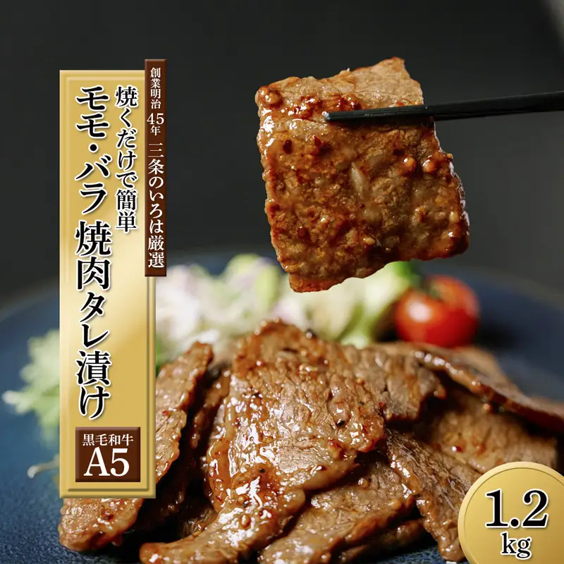 厳選黒毛和牛 A5 タレ漬け 焼肉用 モモ・バラ 1.2kg