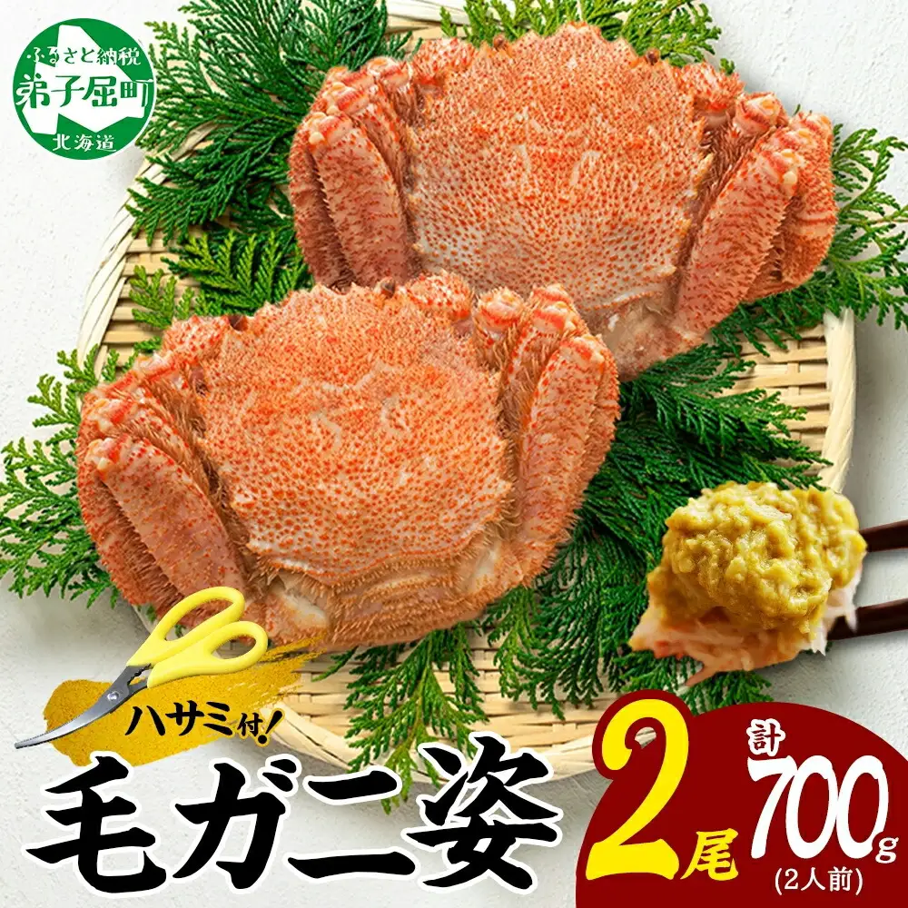 3334. 毛蟹 2尾 計700g前後 食べ方ガイド・専用ハサミ付 カニ かに 蟹 海鮮 北海道加工 ボイル 送料無料 北海道 弟子屈町