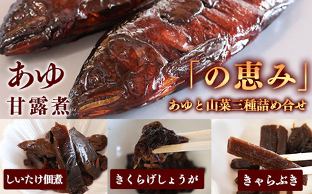 国産の厳選素材にこだわった 鮎と山菜三種佃煮の詰め合わせ「の恵み」（鮎甘露煮・きくらげしょうが・しいたけ佃煮・きゃらぶき） 【 お取り寄せ グルメ 和食 おかず 惣菜 魚 煮魚 魚料理 ご飯のお供 肴 おつまみ 晩酌 詰合せ セット 東北 山形県 】　012-G-MH002