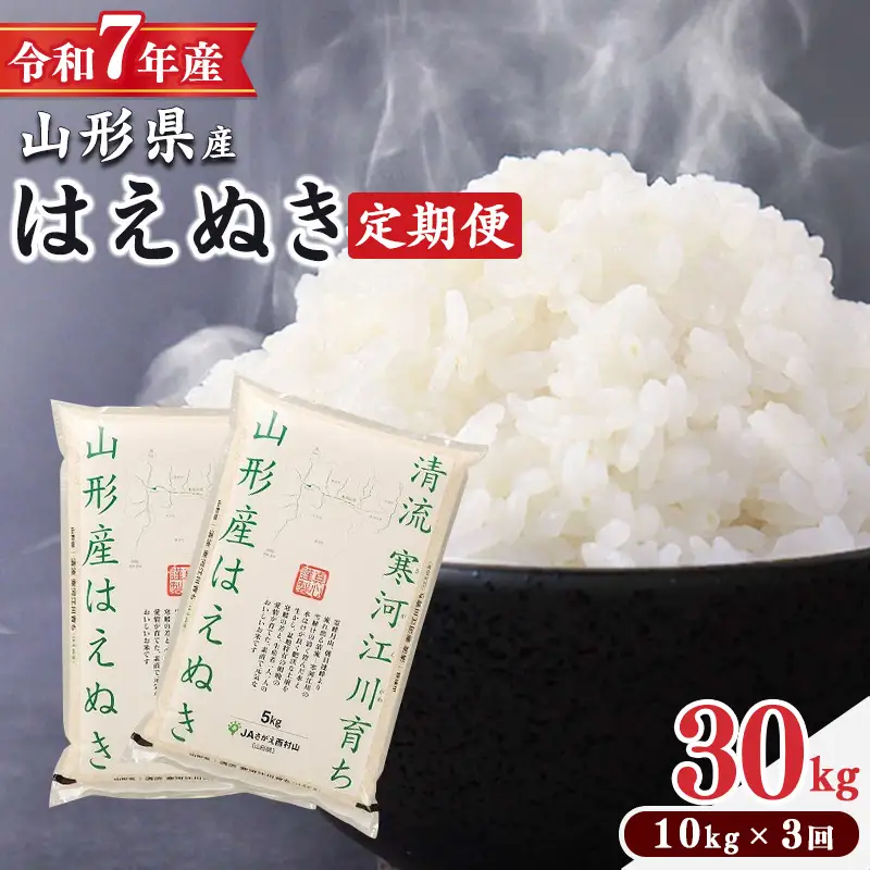 ＜ 2026年7月中旬より毎月3回 ＞【令和7年産 定期便】はえぬき計30kg！お米 定期便（10kg×3回）！清流寒河江川育ち 山形産はえぬき 2025年産　069-C-JA012-202607毎