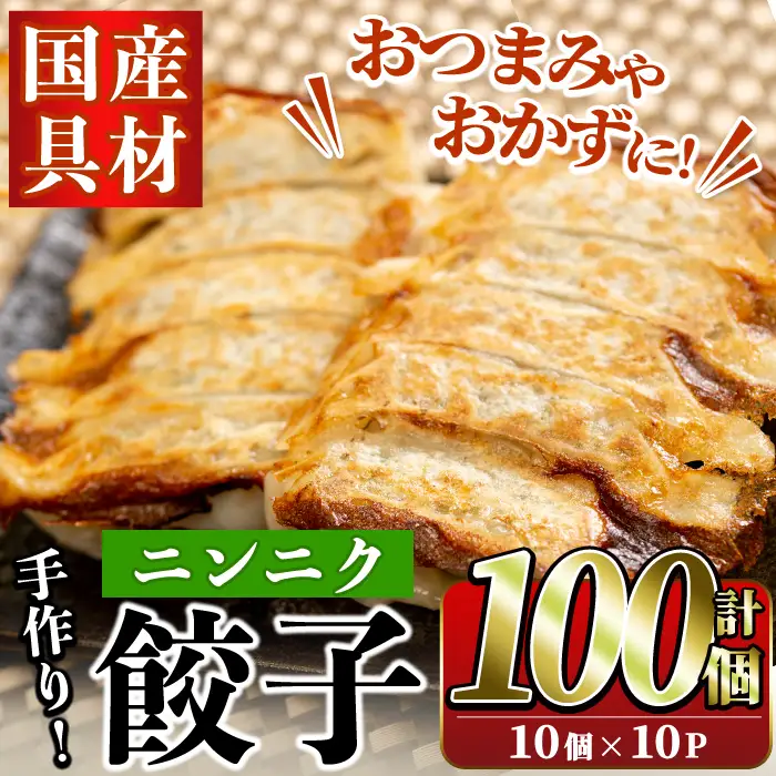 国産豚肉使用！手作りニンニク餃子(計100個・10個×10パック)国産 ギョウザ ぎょうざ お肉 にんにく おかず 惣菜 おつまみ【スーパーよしだ】akn058-06