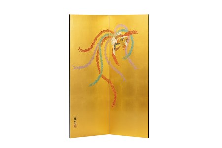 真鍮箔金屏風「金彩鳳凰」（四尺二曲）《 W42×D1.5×H112（cm）》豪華な金地に天下泰平を願い描いた一品