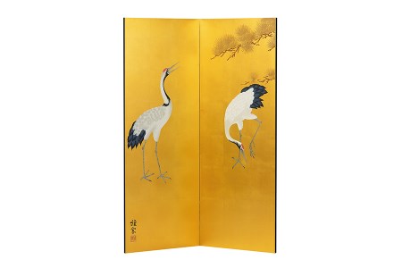 真鍮箔金屏風「金彩大鶴」（四尺二曲）《 W42×D1.5×H112（cm）》豪華な金地に縁起の良い「大鶴」を描いた一品