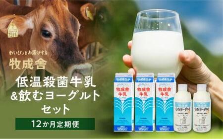 定期便 12回 飛騨産生乳100％無添加（牛乳3本＆飲むヨーグルト2本セット）×12回 低温殺菌牛乳 保存料不使用 無添加 乳製品 詰合せ 食べ比べ バラエティ 牧成舎 DF104