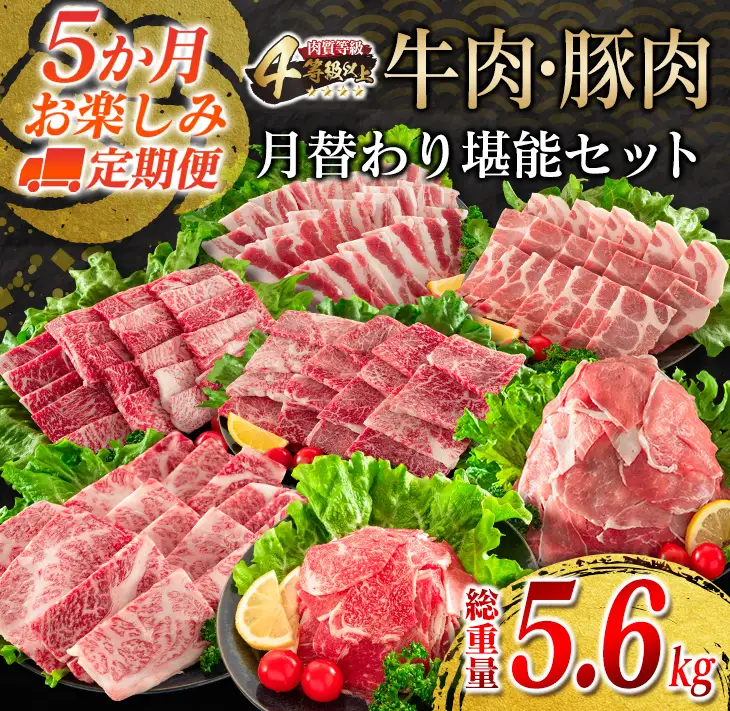 【令和8年6月から毎月配送】5か月定期便 月替わりで堪能!! 牛肉 豚肉 焼肉 セット 豚バラ 肩ロース モモ ウデ 総重量5.6kg_JE5-25-E