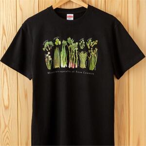 世界で唯一!着る山菜!!【山菜図鑑Tシャツ・黒】綿100% 半袖 ファッション メンズ レディース 洋服 新潟  Lサイズ