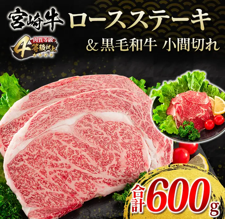 宮崎牛 ロース ステーキ 黒毛和牛 小間切れ セット 合計600g 牛肉 ビーフ 国産 万能食材 ブランド牛 おかず お弁当 おつまみ 食品 おすすめ 焼肉 バーベキュー 鉄板焼き 高級 ご褒美 お祝 記念日 お取り寄せ グルメ 冷凍 詰め合わせ 宮崎県 日南市 送料無料_F62-21