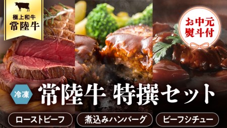 ＜お中元熨斗付き＞ 【6月下旬以降発送】 常陸牛 特撰セット （ローストビーフ・煮込み手ごねハンバーグ・ビーフシチュー） 八千代町産 白菜 使用 御中元 贈答 ギフト ふるさと納税 [AU025ya]