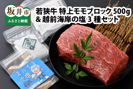 若狭牛 特上モモブロック 500g & 越前海岸の百笑の塩・結晶塩・若狭牛専用スパイス セット [B-1821]