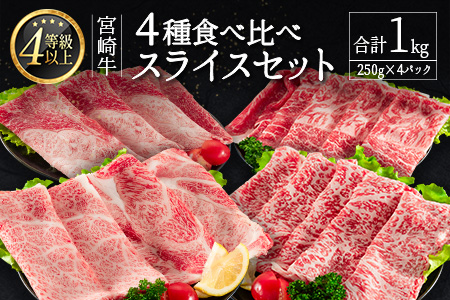 ＜肉質等級4等級＞宮崎牛 4種 食べ比べ スライス セット（各250g×4パック）合計1kg 国産 肉 牛肉 ご飯 おかず【D118-2510-90】