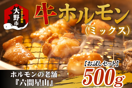 【お試しセット】ホルモンの老舗 六間星山の牛ホルモン（ミックス）（500ｇ×1袋）[A-026004]