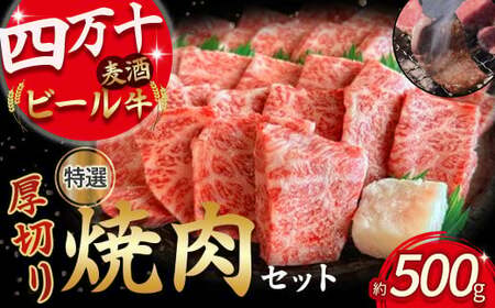 四万十麦酒牛 厚切り特選焼き肉セット（500g）  モモ ウデ バラ肉 肩ロース 詰め合わせ 霜降り 赤身 焼き肉 麦酒牛 冷凍 ／Asz-07