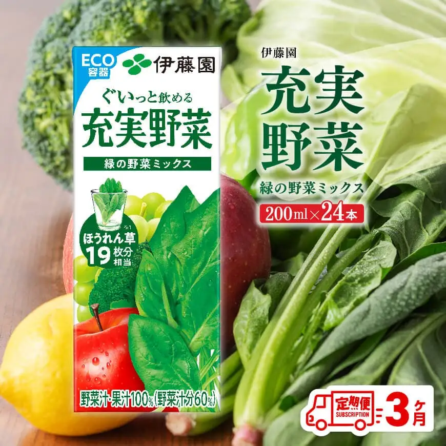 【3ヶ月定期便】伊藤園 充実野菜 緑の野菜ミックス（紙パック）200ml×24本 【 全3回 飲料類 野菜ジュース 野菜 ジュース ミックスジュース 飲みもの 】