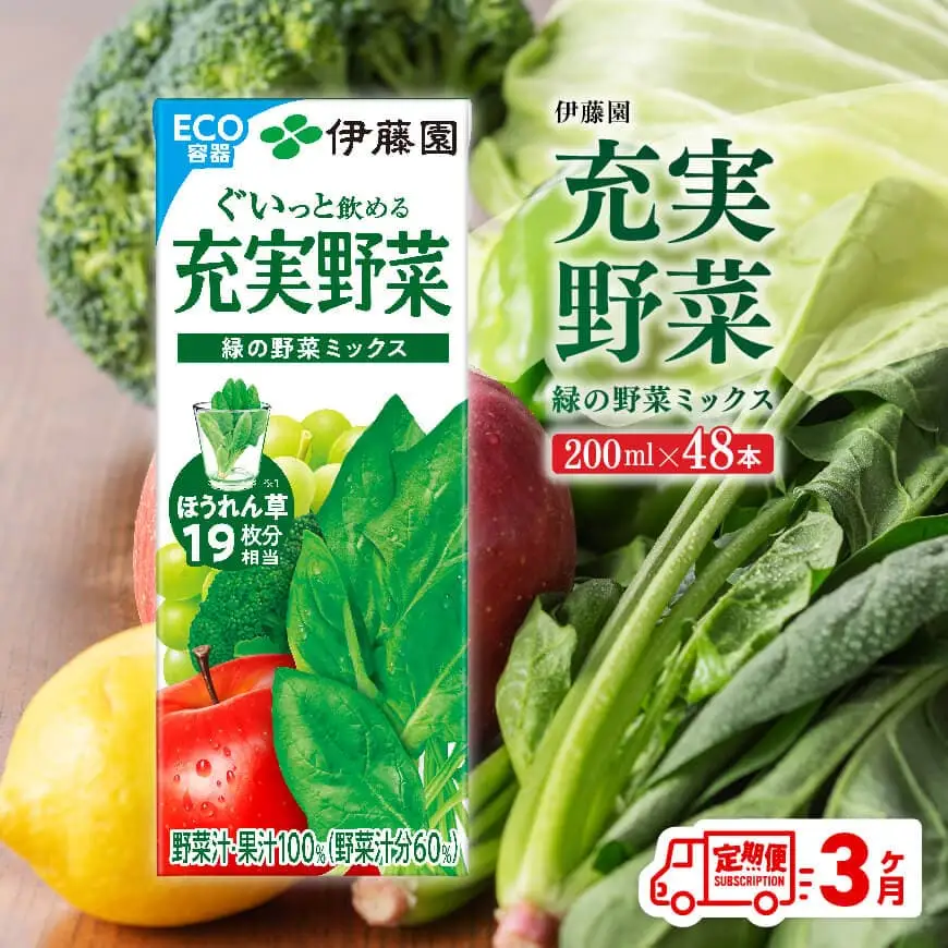 【3ヶ月定期便】伊藤園 充実野菜 緑の野菜ミックス （紙パック） 200ml×48本 【 全3回 飲料類 野菜ジュース 野菜 ジュース ミックスジュース 飲みもの】