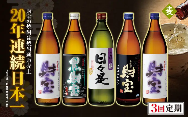 C3-22125／【 定期便 】 3回 届け・ 焼酎 4種5本 飲み比べセット 【5合瓶（麦）】 温泉水仕立て！ 財宝
