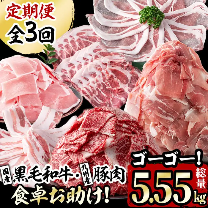 【定期便・全3回】国産黒毛和牛と九州産豚肉の食卓お助けゴーゴー定期便 計5.55kg t0037-002