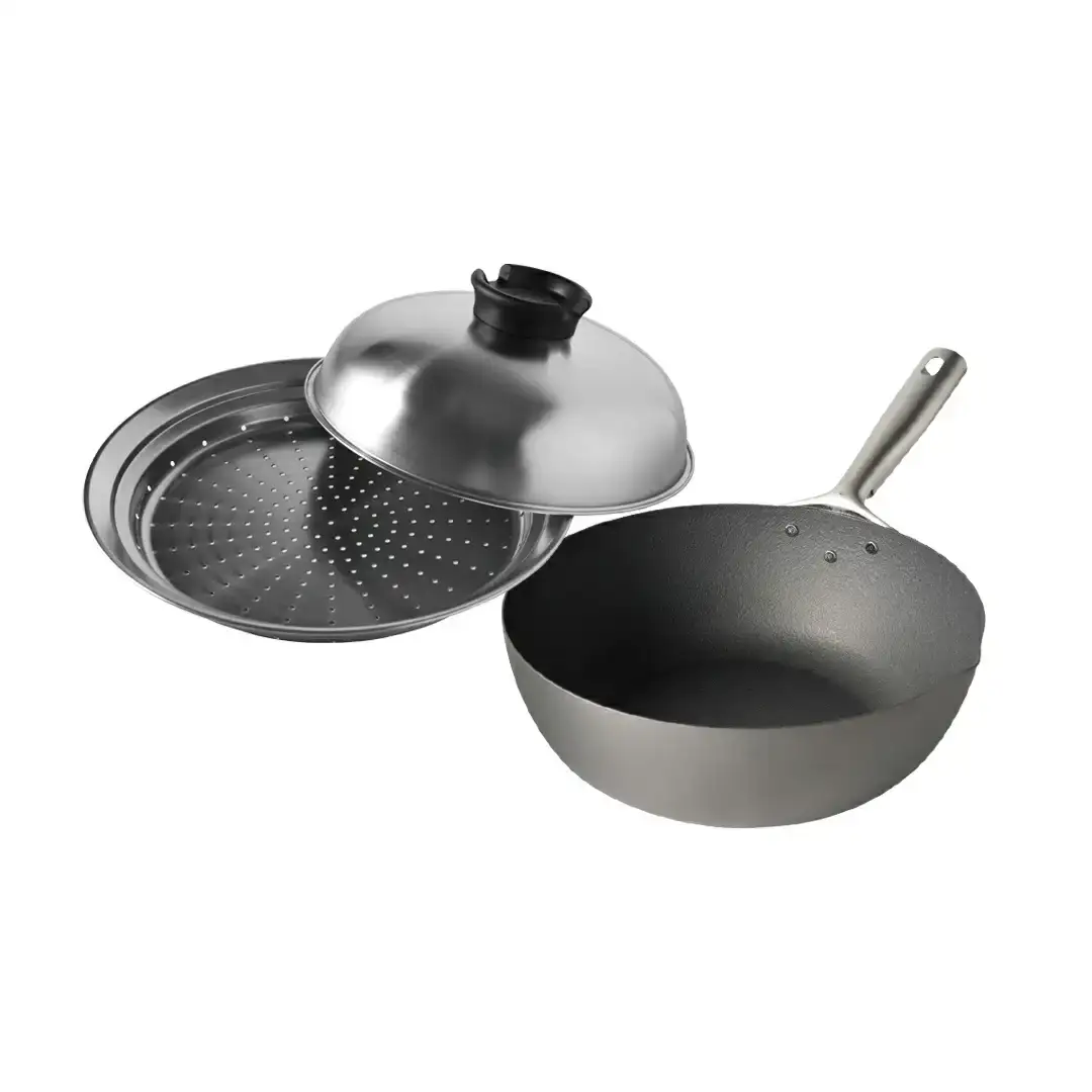 [eN] IH対応 中華炒め鍋 (中華鍋) 深型 24cm 蒸し器セット 調理器具 キッチングッズ 鍋 中華鍋 炒め物 エンボス加工 新生活 一人暮らし 【020S011】