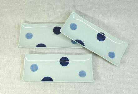 【波佐見焼】２７×１１ｃｍ長角皿３枚組 二色丸紋【西海陶器】３ ７３４３３