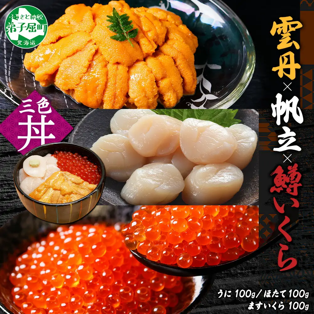 3627. うに チリ産 冷凍 100g 鱒いくら醤油漬け 100g ホタテ 100g セット ウニ 雲丹 いくら イクラ ますいくら ほたて  帆立 海鮮 海鮮丼 三色丼 送料無料 北海道 弟子屈町